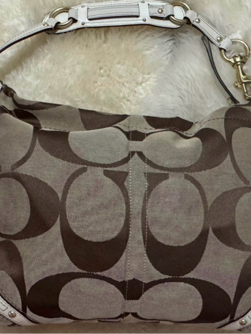 Coach Brown Signature Canvas Shoulder Bag with White Strap